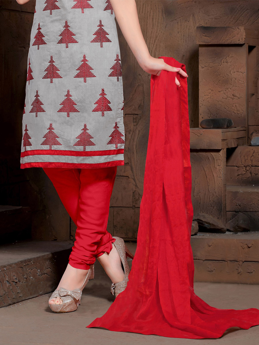 Grey Chanderi Cotton Printed Casual Festival Churidar Salwar Kameez