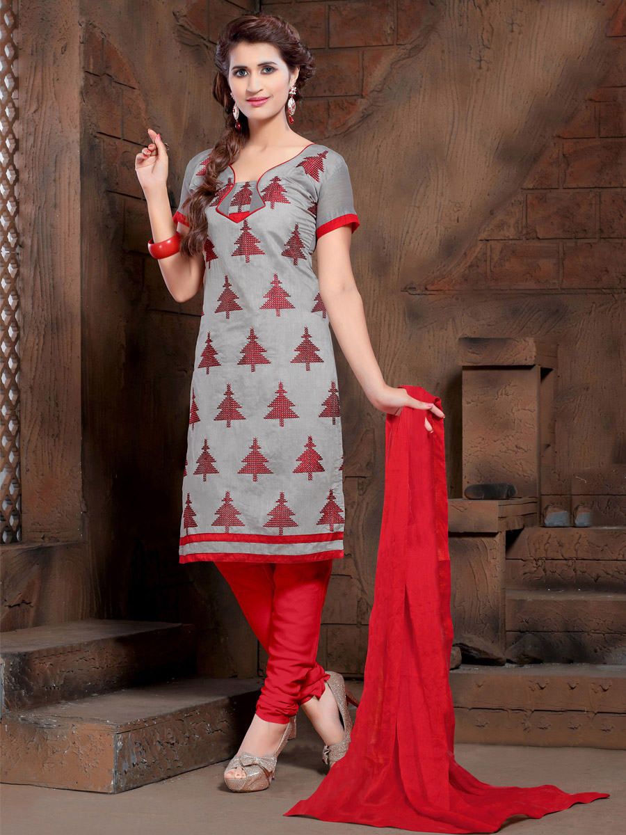 Grey Chanderi Cotton Printed Casual Festival Churidar Salwar Kameez
