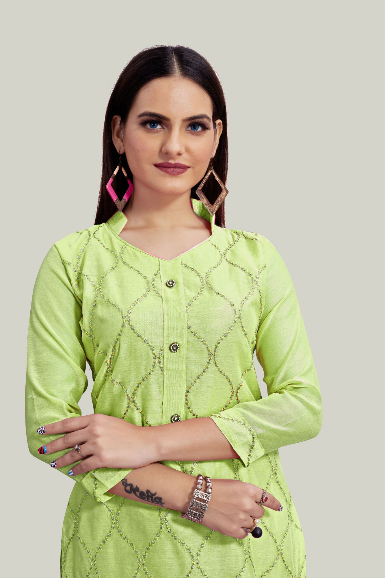 Green Chanderi Embroidered Festival Party Churidar Salwar Kameez