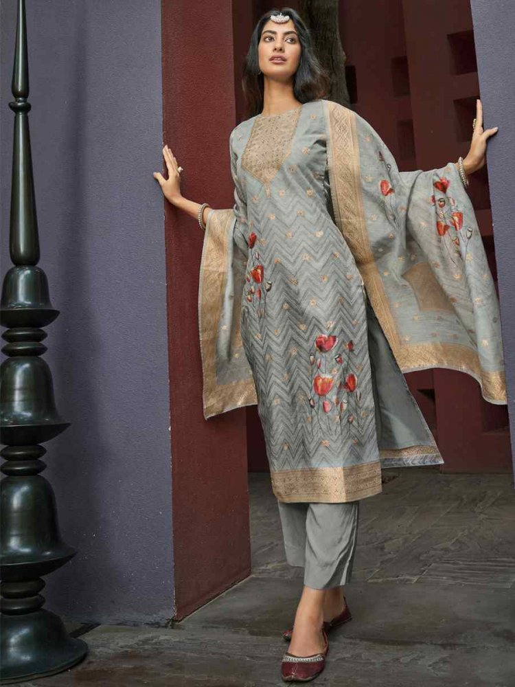 Grey Chanderi Jacquard Embroidered Festival Wedding Anarkali Salwar Kameez