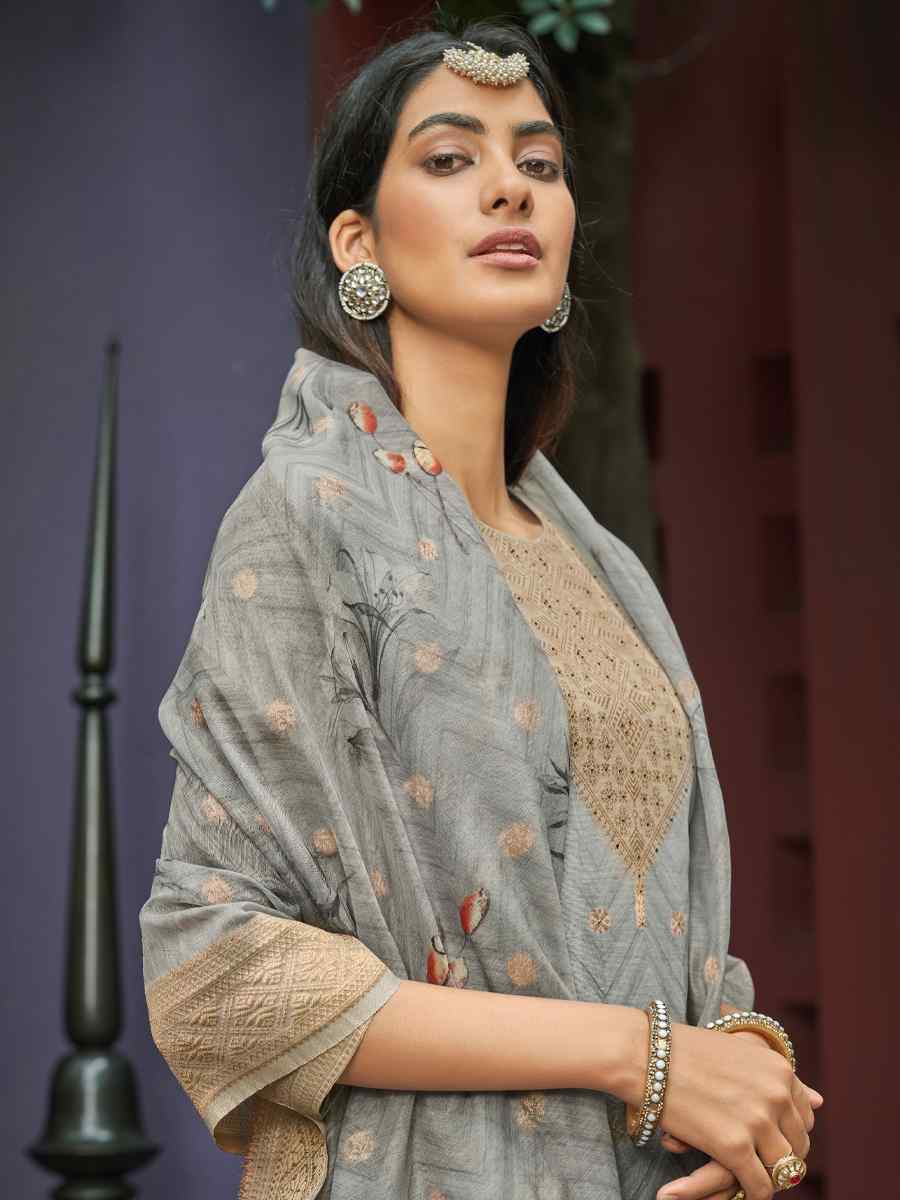 Grey Chanderi Jacquard Embroidered Festival Wedding Anarkali Salwar Kameez