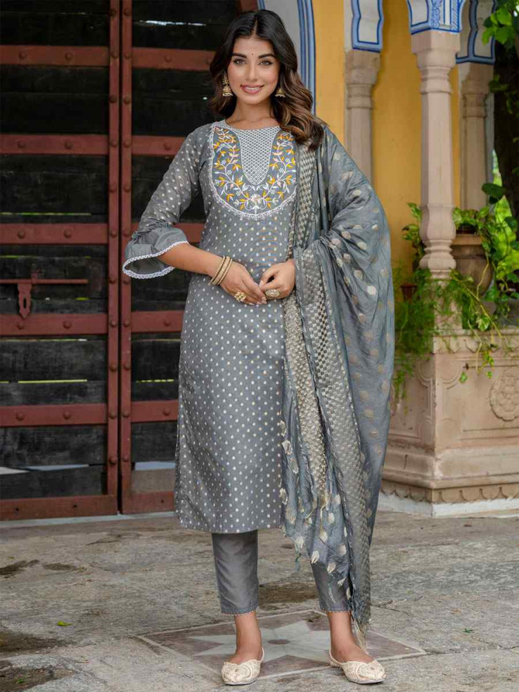 Image of Grey Chanderi Silk Embroidery Party Wedding Festival Casual Ready Pant Salwar Kameez