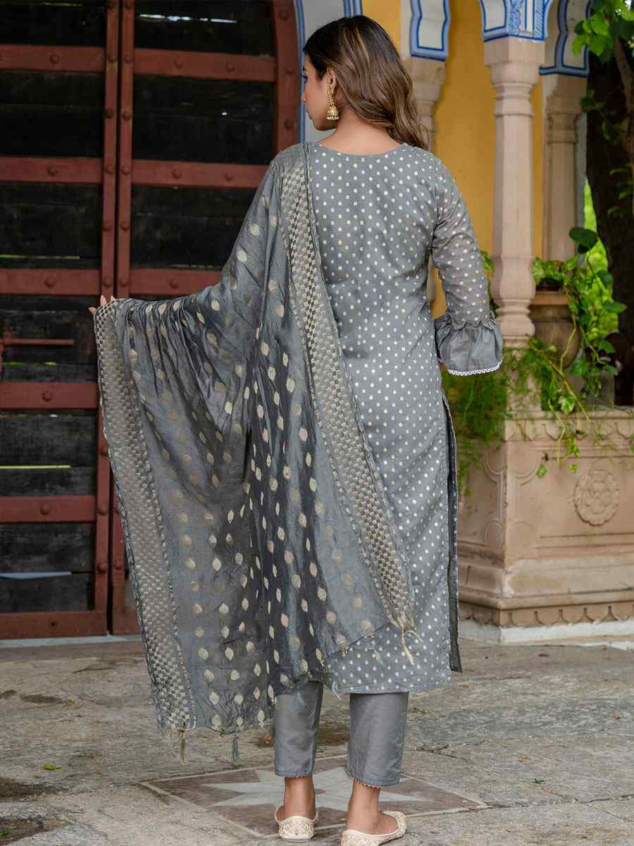 Grey Chanderi Silk Embroidery Party Wedding Festival Casual Ready Pant Salwar Kameez