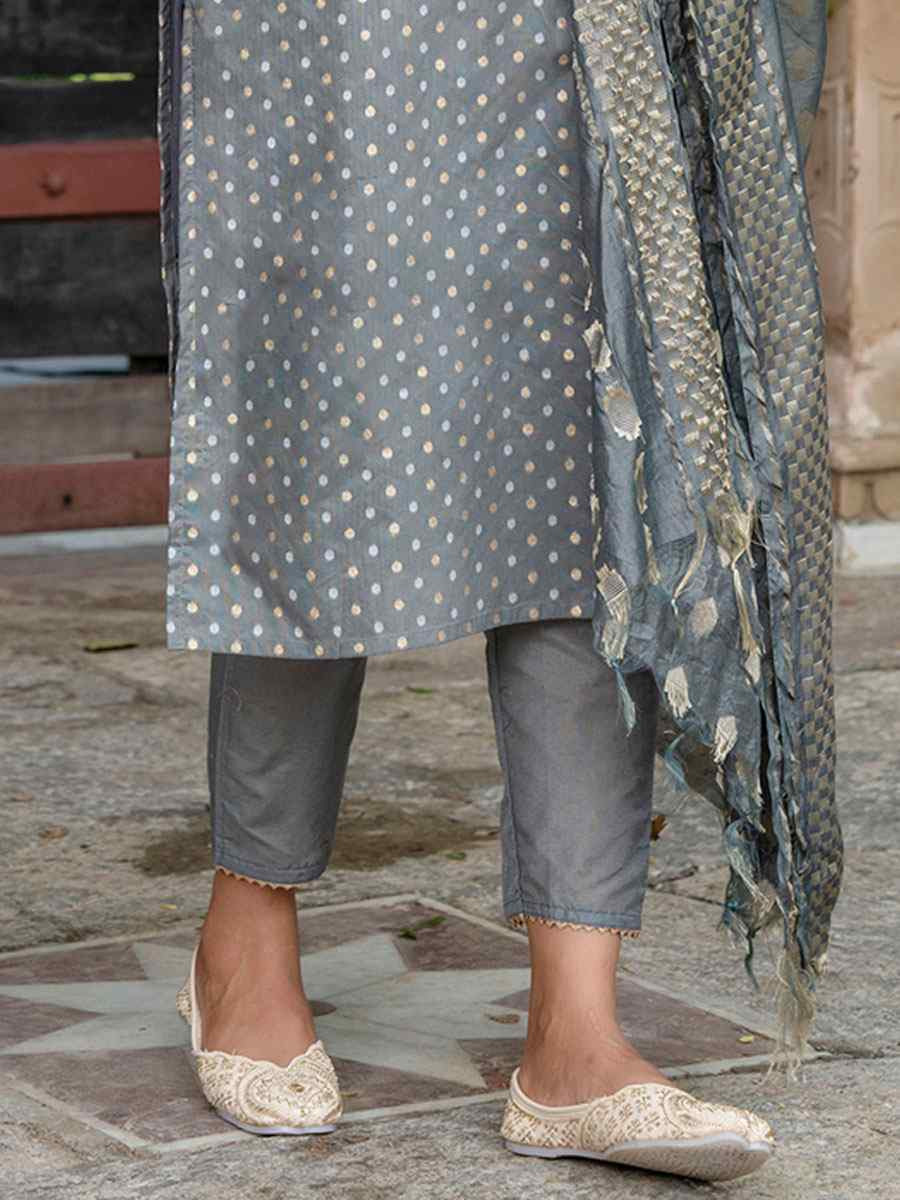 Grey Chanderi Silk Embroidery Party Wedding Festival Casual Ready Pant Salwar Kameez