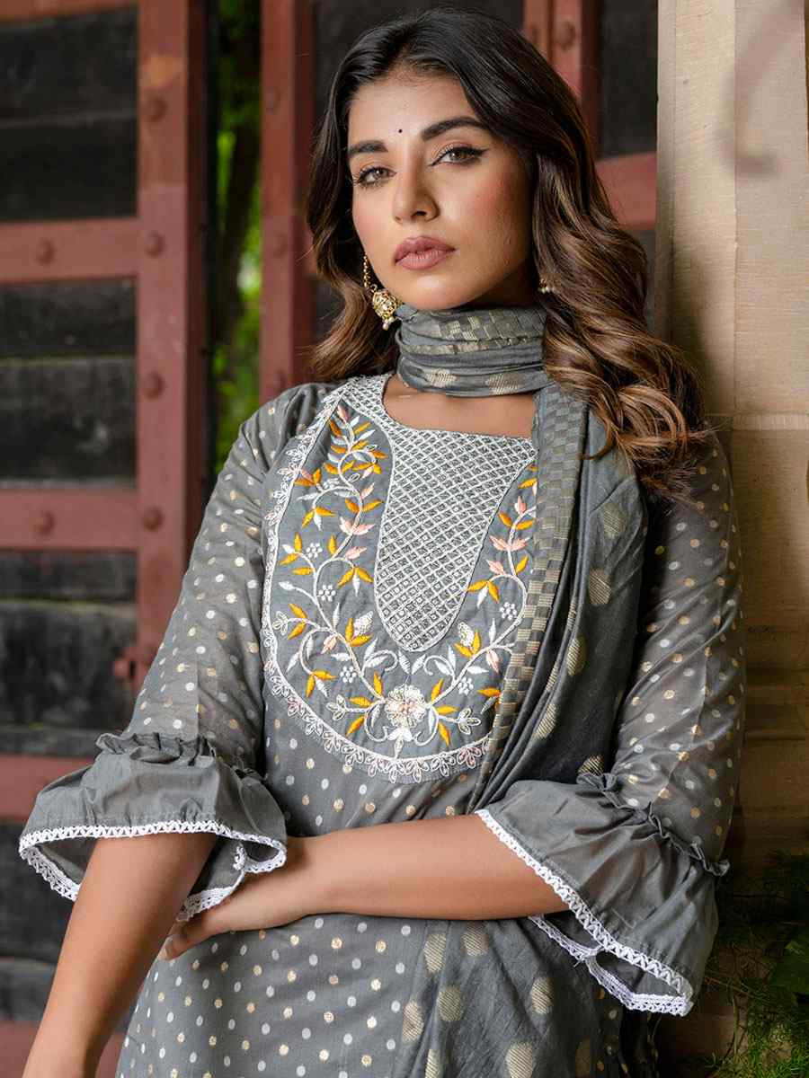 Grey Chanderi Silk Embroidery Party Wedding Festival Casual Ready Pant Salwar Kameez