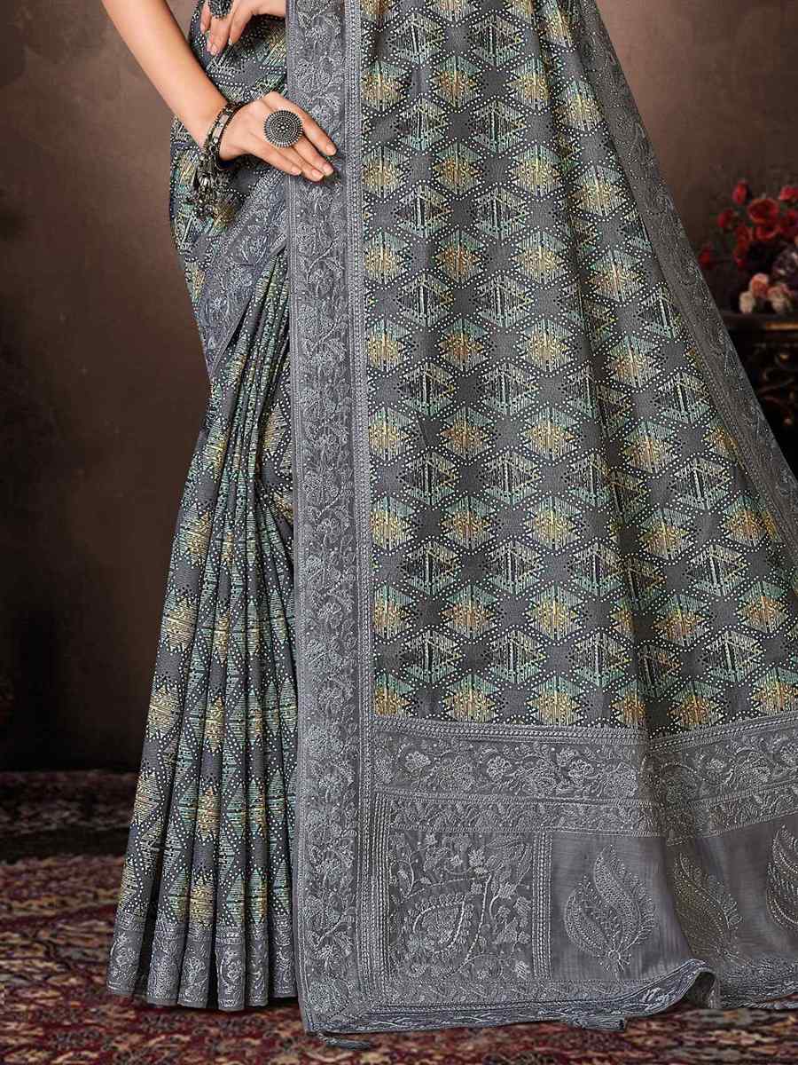Grey Chanderi Silk Printed Casual Festival Classic Style Saree