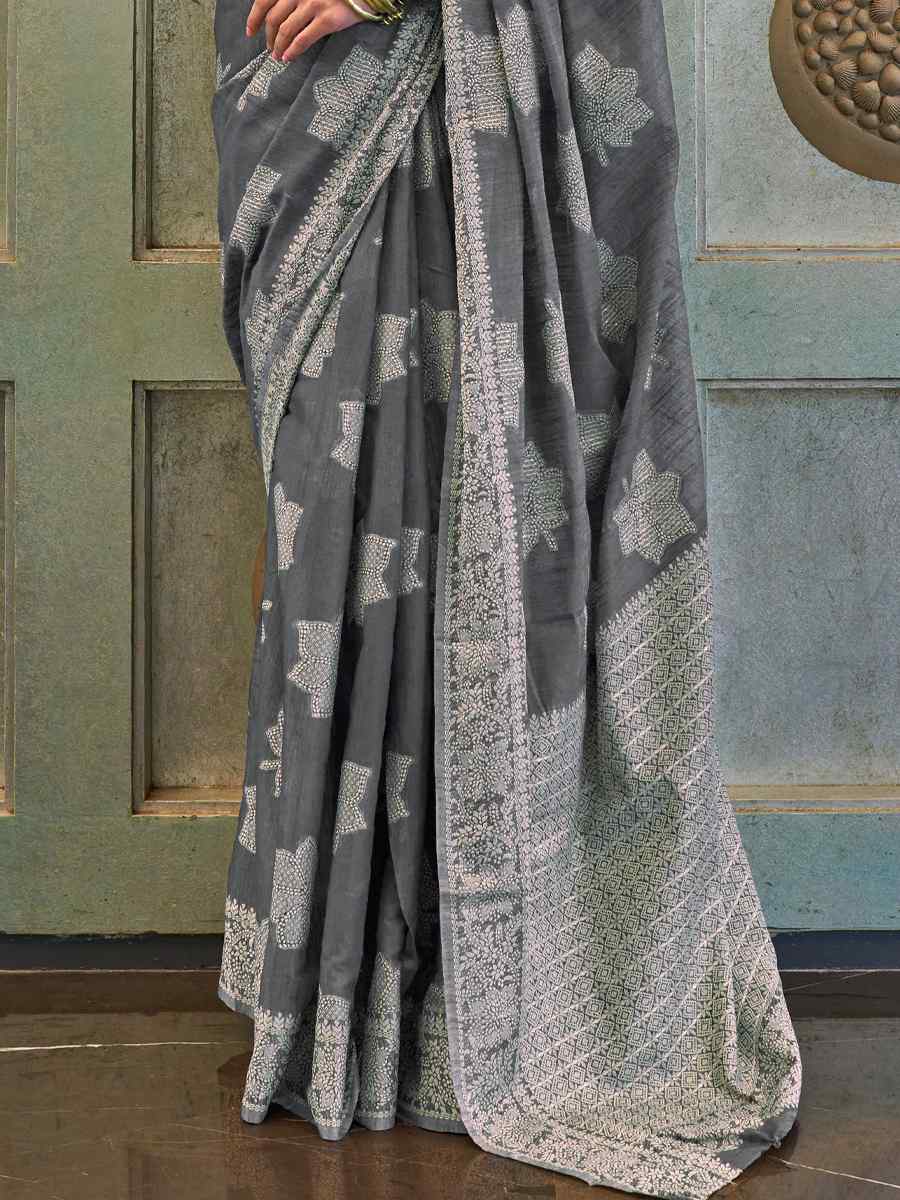 Grey Chickankari Lucknowi Silk Handwoven Party Festival Heavy Border Saree