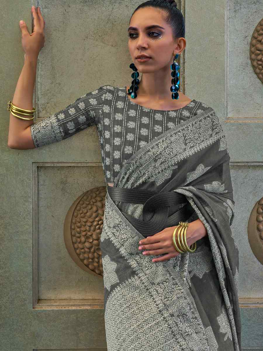 Grey Chickankari Lucknowi Silk Handwoven Party Festival Heavy Border Saree