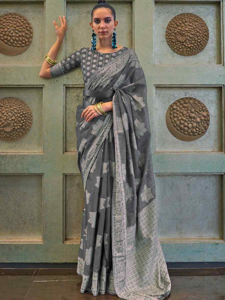 Grey Chickankari Lucknowi Silk Handwoven Party Festival Heavy Border Saree