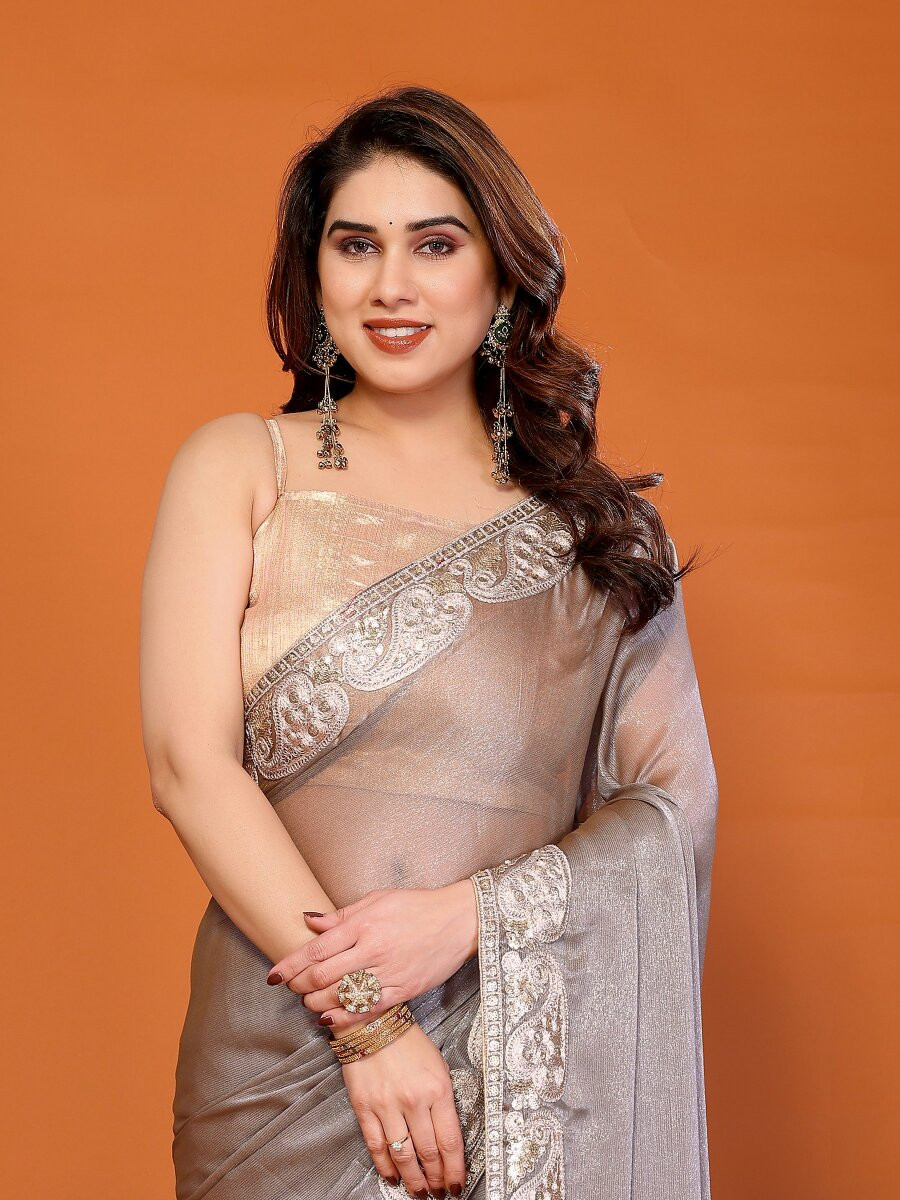 Grey Chiffon Embroidery Wedding Reception Party Festival Heavy Border Sarees
