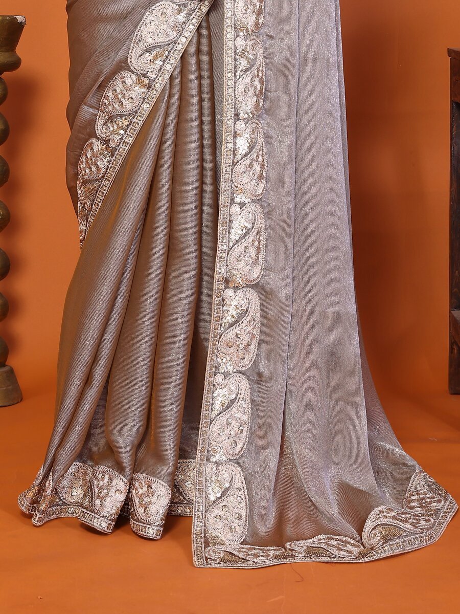 Grey Chiffon Embroidery Wedding Reception Party Festival Heavy Border Sarees