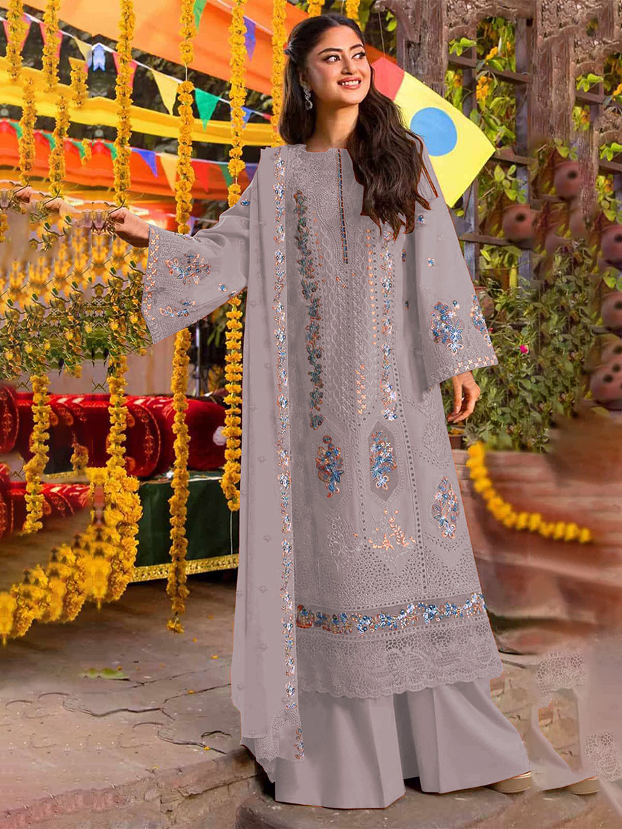 Grey Chiffon Embroidery Zari Sequins Wedding Party Festival Casual Palazzo Pant Salwar Kameez