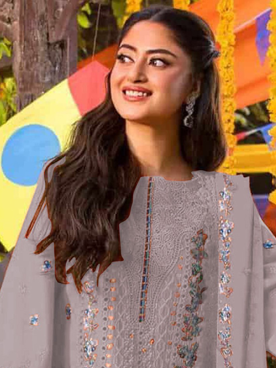 Grey Chiffon Embroidery Zari Sequins Wedding Party Festival Casual Palazzo Pant Salwar Kameez
