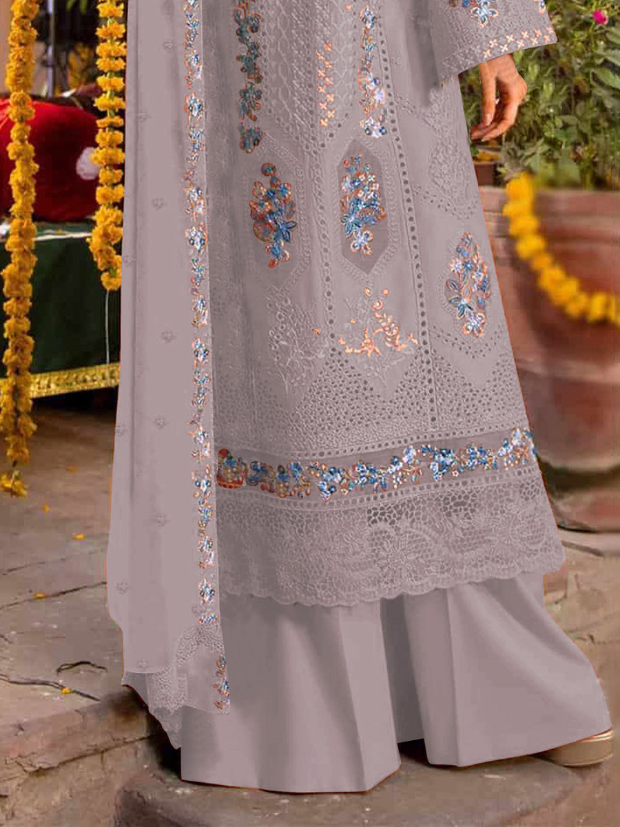 Grey Chiffon Embroidery Zari Sequins Wedding Party Festival Casual Palazzo Pant Salwar Kameez