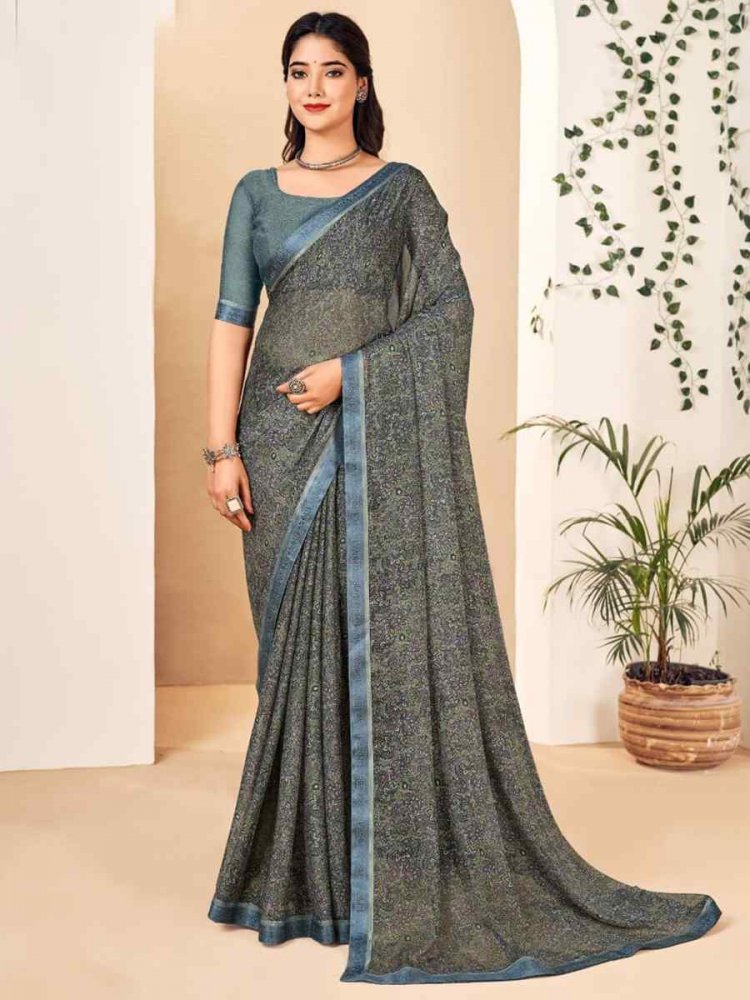 Grey Chiffon Printed Casual Festival Contemporary Saree