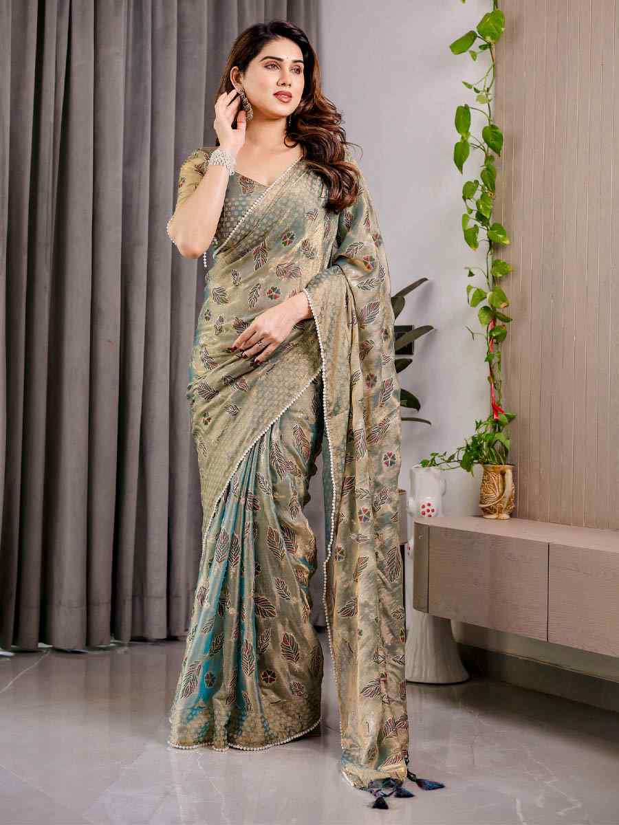 Grey Chiffon Printed Festival Wedding Fancy Heavy Border Saree