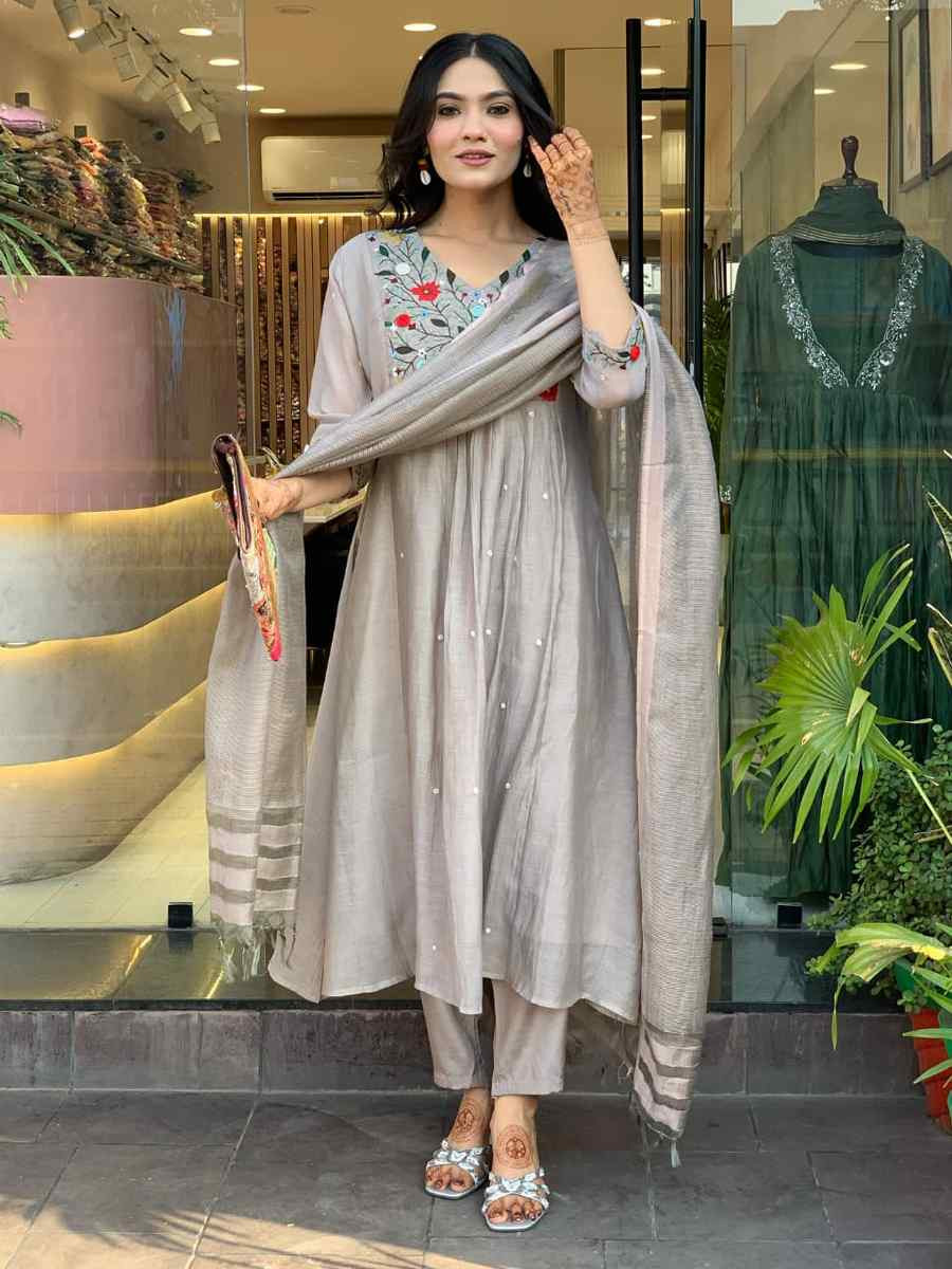 Grey Chinon Embroidered Festival Mehendi Ready Pant Salwar Kameez