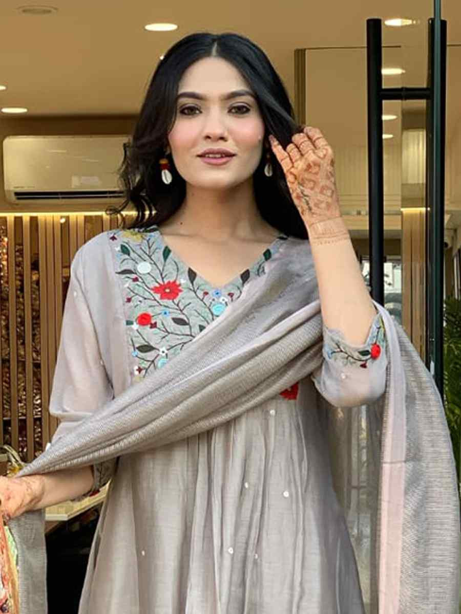 Grey Chinon Embroidered Festival Mehendi Ready Pant Salwar Kameez