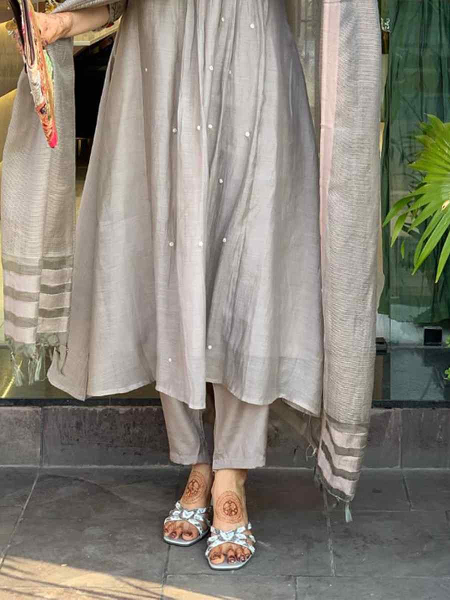 Grey Chinon Embroidered Festival Mehendi Ready Pant Salwar Kameez