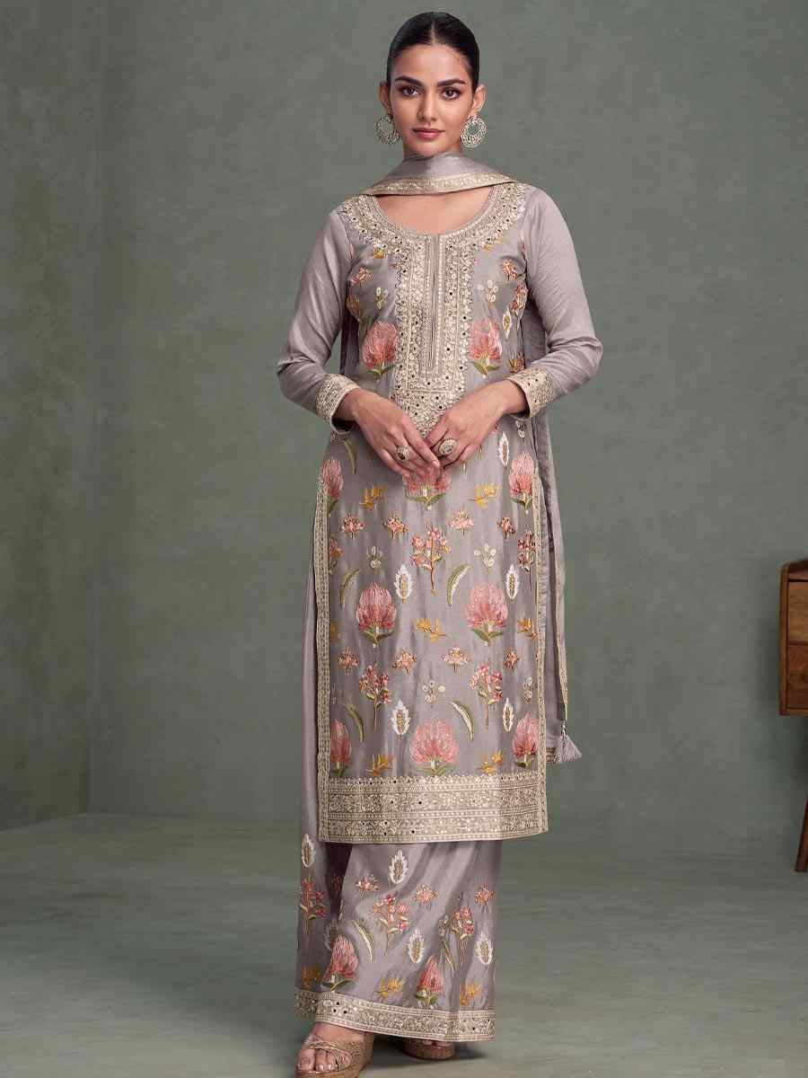 Grey Chinon Embroidered Party Wedding Ready Palazzo Pant Salwar Kameez