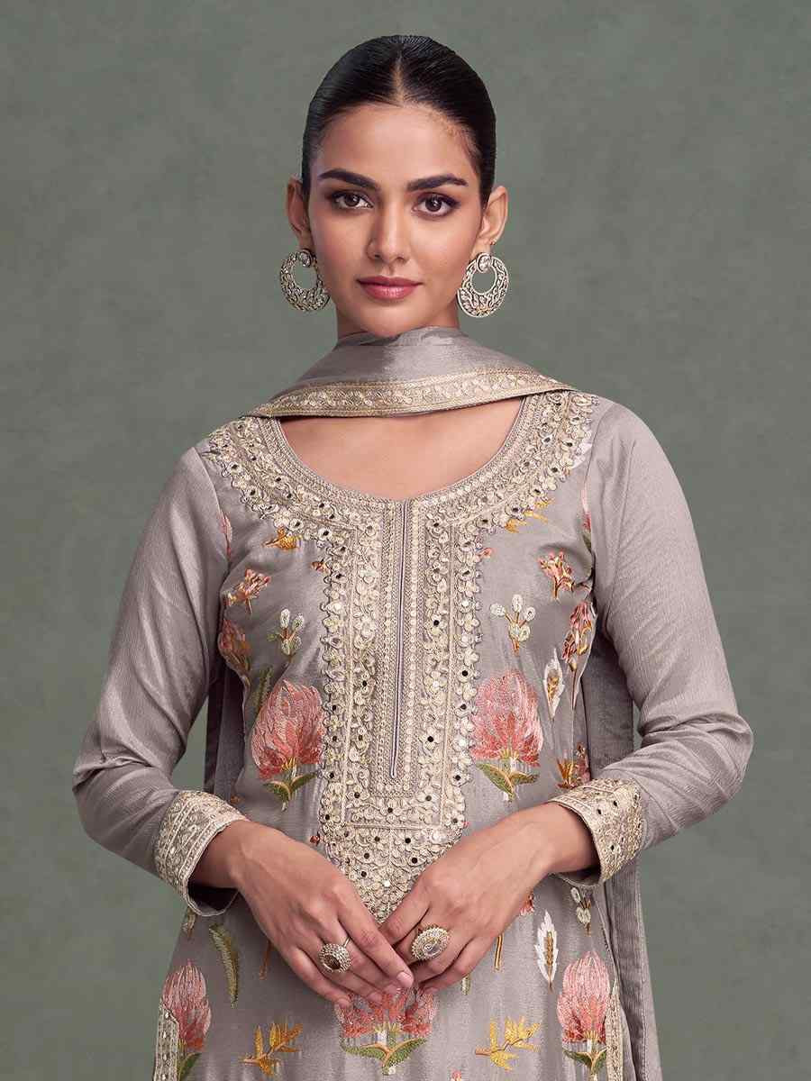 Grey Chinon Embroidered Party Wedding Ready Palazzo Pant Salwar Kameez