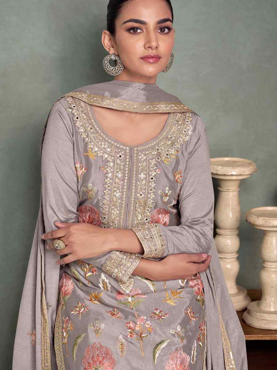 Grey Chinon Embroidered Party Wedding Ready Palazzo Pant Salwar Kameez