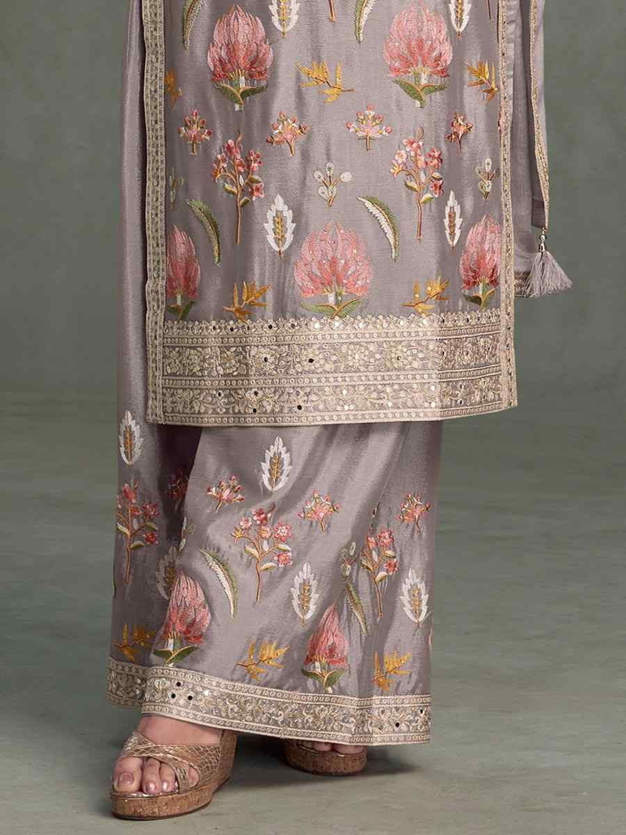 Grey Chinon Embroidered Party Wedding Ready Palazzo Pant Salwar Kameez