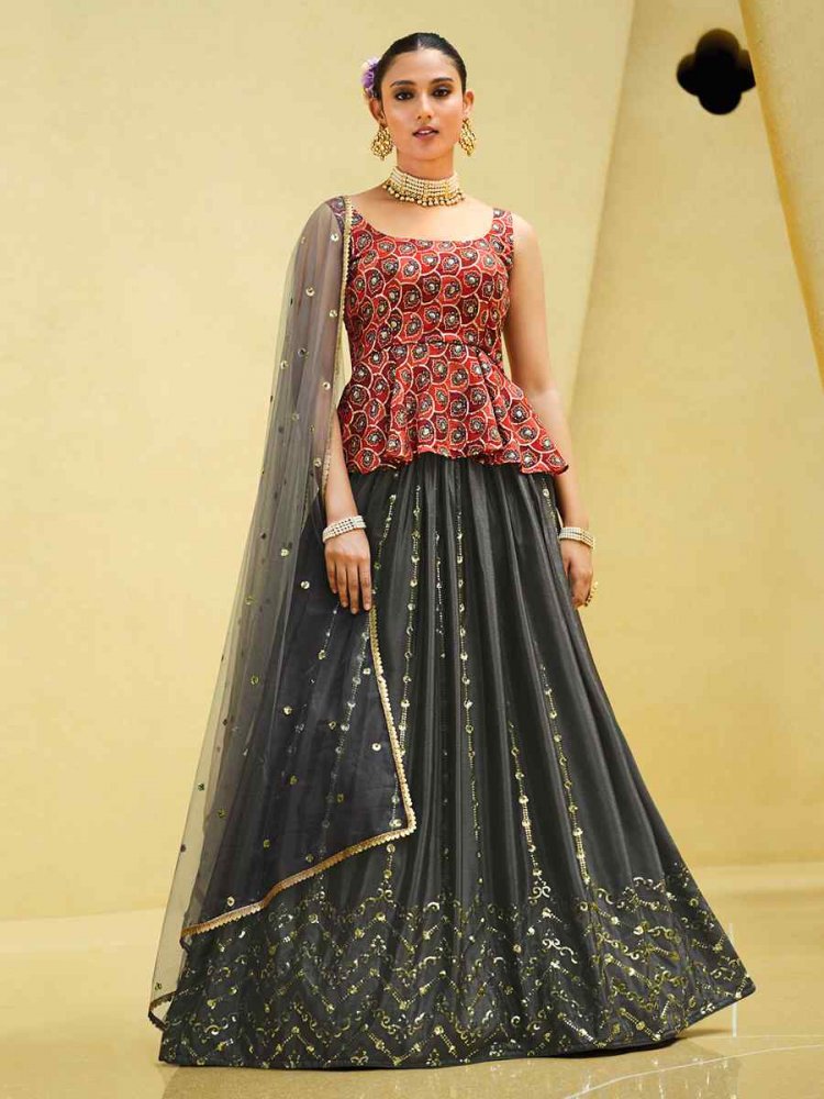 Grey Chinon Silk Embroidered Festival Wedding Kurti Lehenga Choli