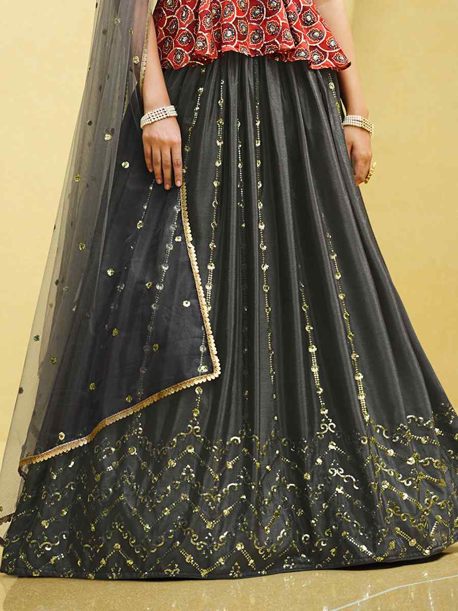 Grey Chinon Silk Embroidered Festival Wedding Kurti Lehenga Choli