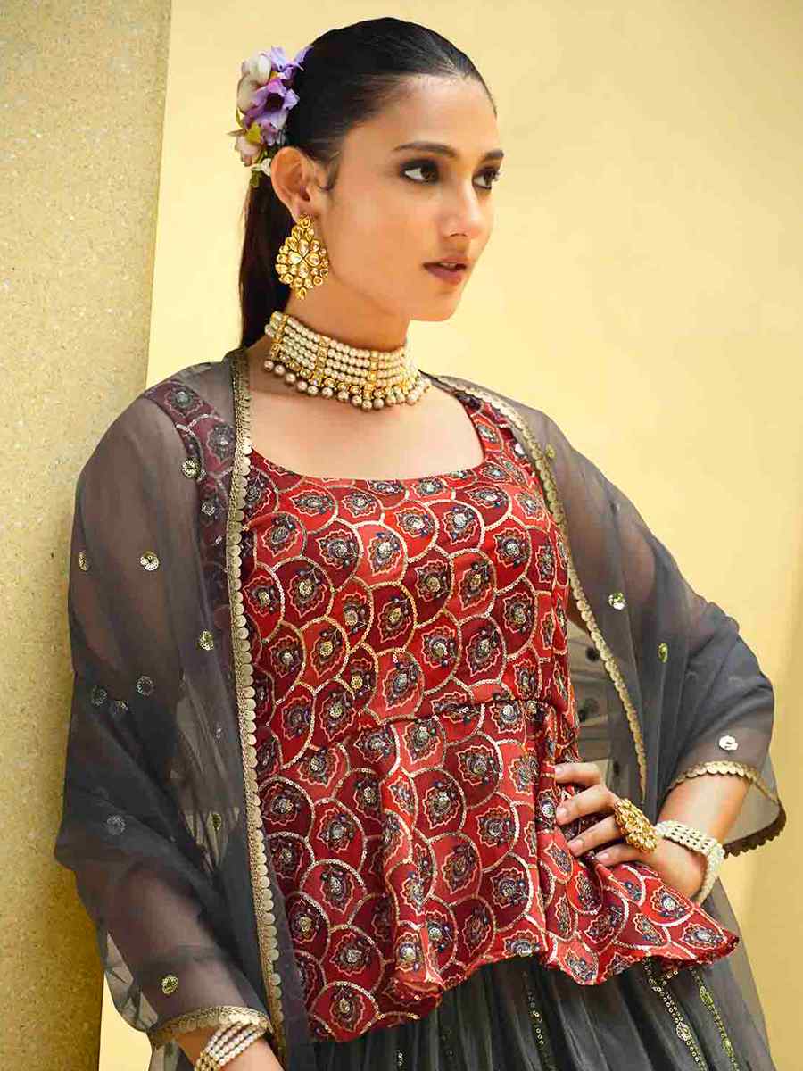 Grey Chinon Silk Embroidered Festival Wedding Kurti Lehenga Choli