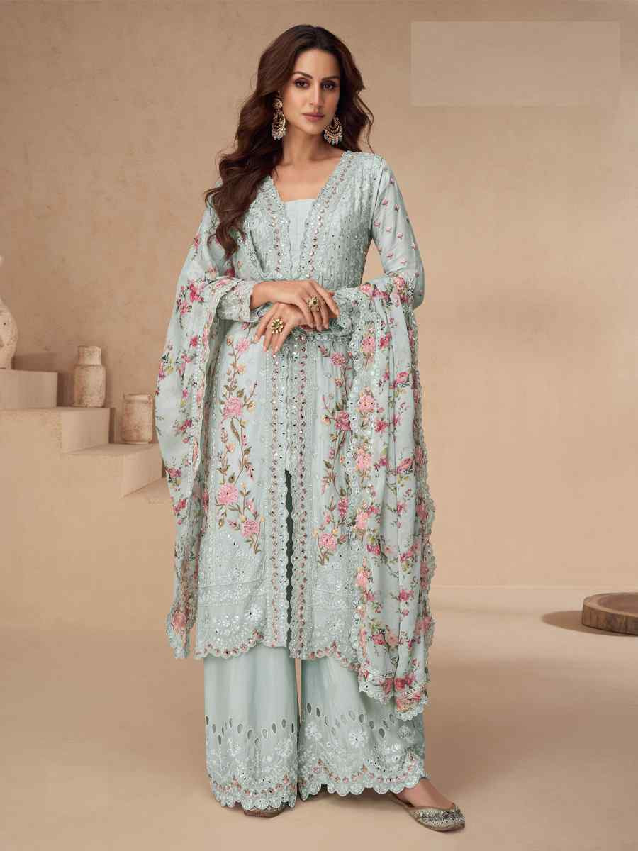 Grey Chinon Silk Embroidered Party Casual Ready Palazzo Pant Salwar Kameez