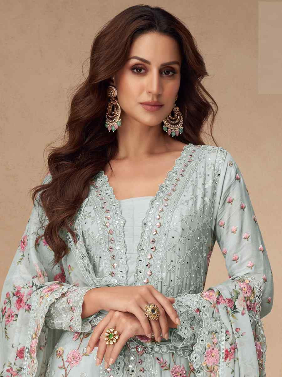 Grey Chinon Silk Embroidered Party Casual Ready Palazzo Pant Salwar Kameez
