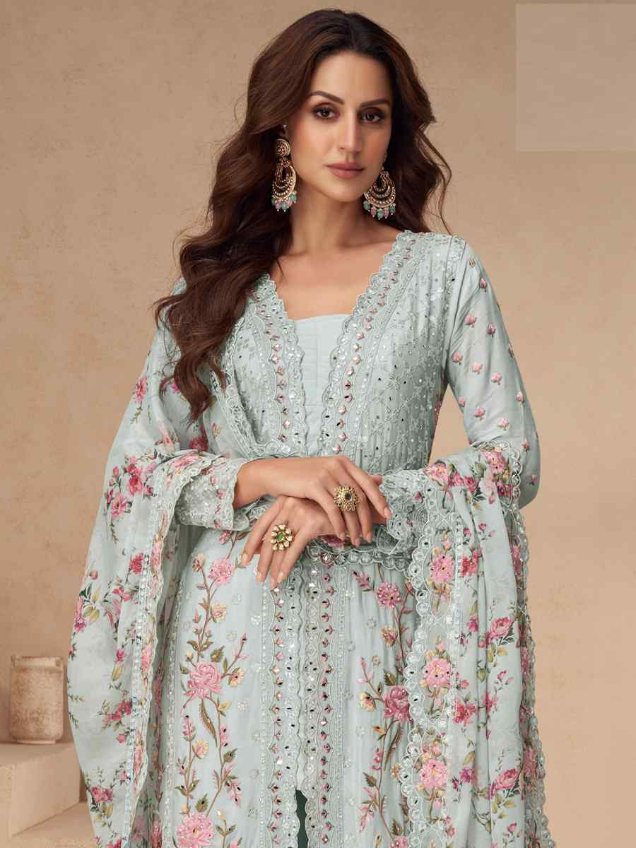 Grey Chinon Silk Embroidered Party Casual Ready Palazzo Pant Salwar Kameez