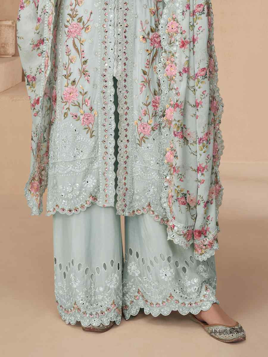 Grey Chinon Silk Embroidered Party Casual Ready Palazzo Pant Salwar Kameez