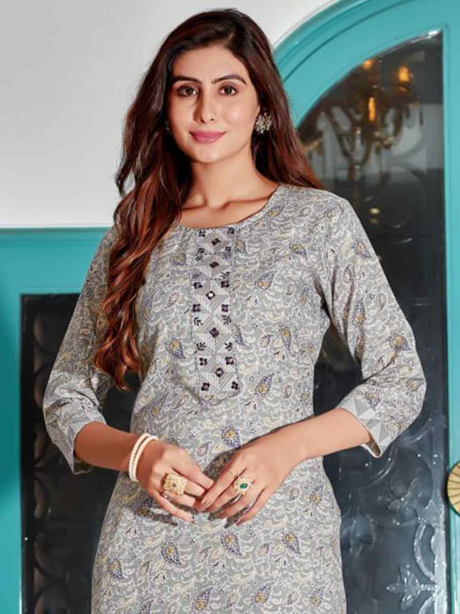 Grey Cotton Blend Embroidered Festival Casual Kurti with Bottom