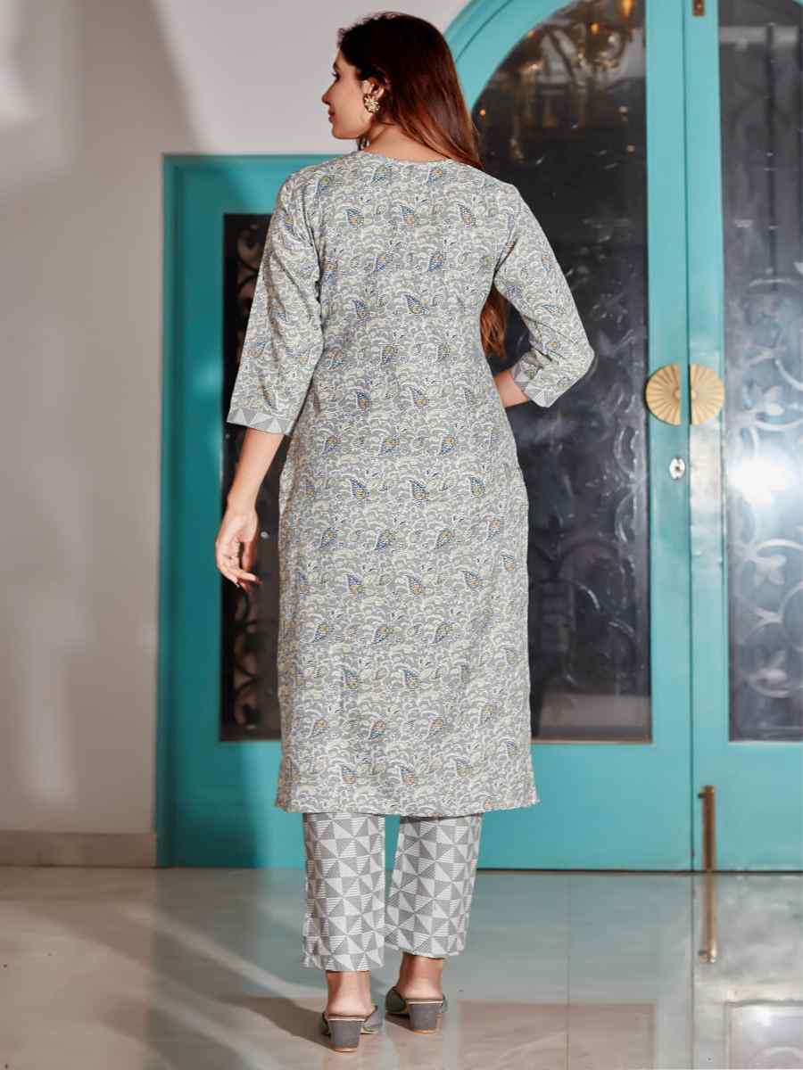 Grey Cotton Blend Embroidered Festival Casual Kurti with Bottom