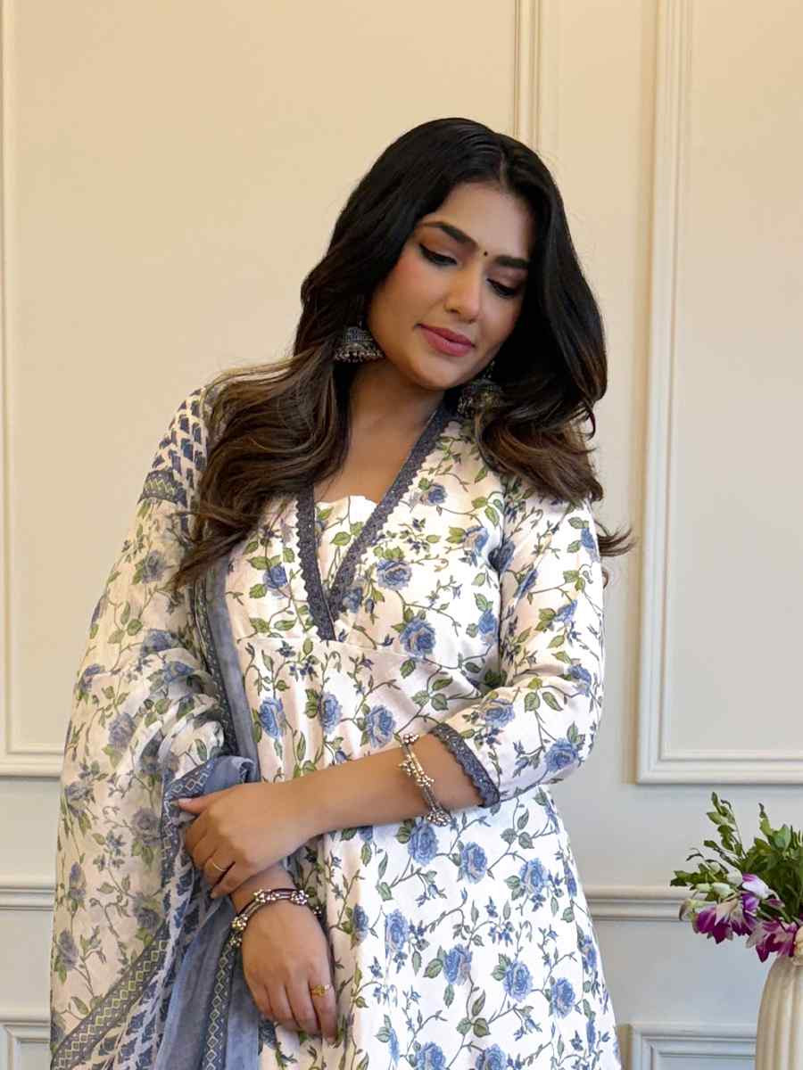 Grey Cotton Embroidered Festival Casual Ready Pant Salwar Kameez