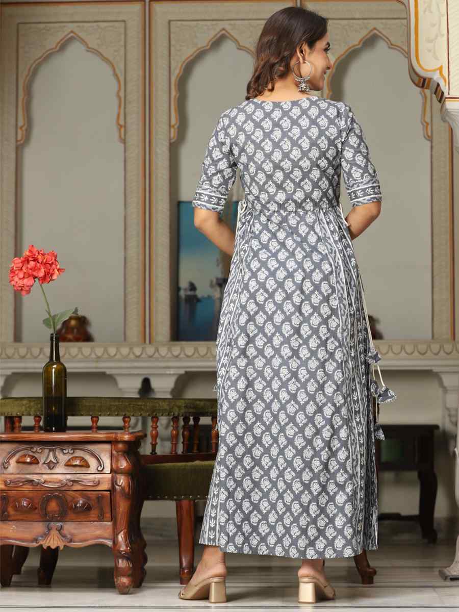 Grey Cotton Embroidered Festival Party Gown