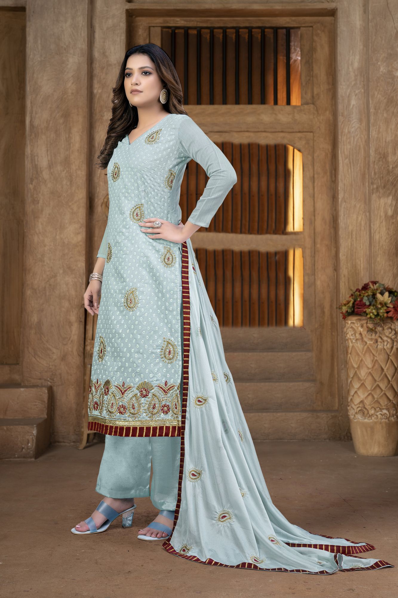 Grey Cotton Embroidery Festival Party Pant Salwar Kameez