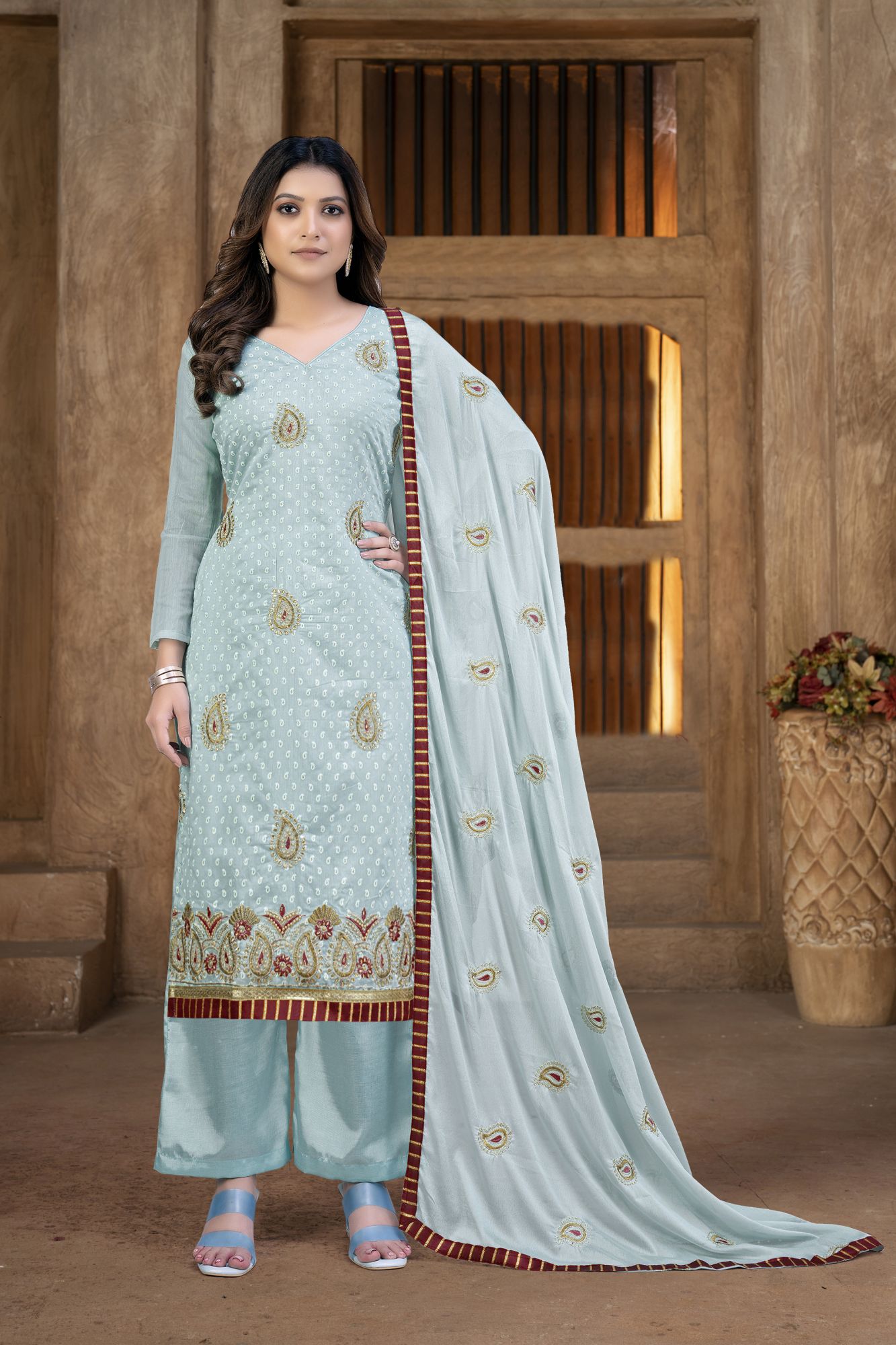 Grey Cotton Embroidery Festival Party Pant Salwar Kameez