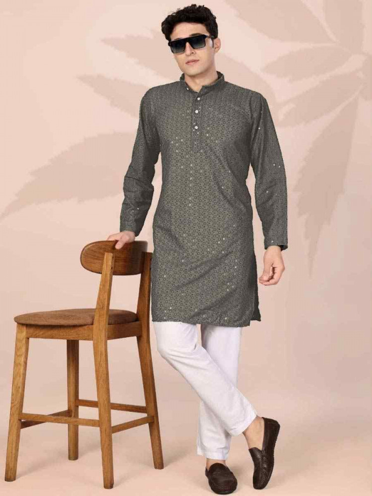 Image of Grey Cotton Embroidery Festival Wedding Party Mens Kurta