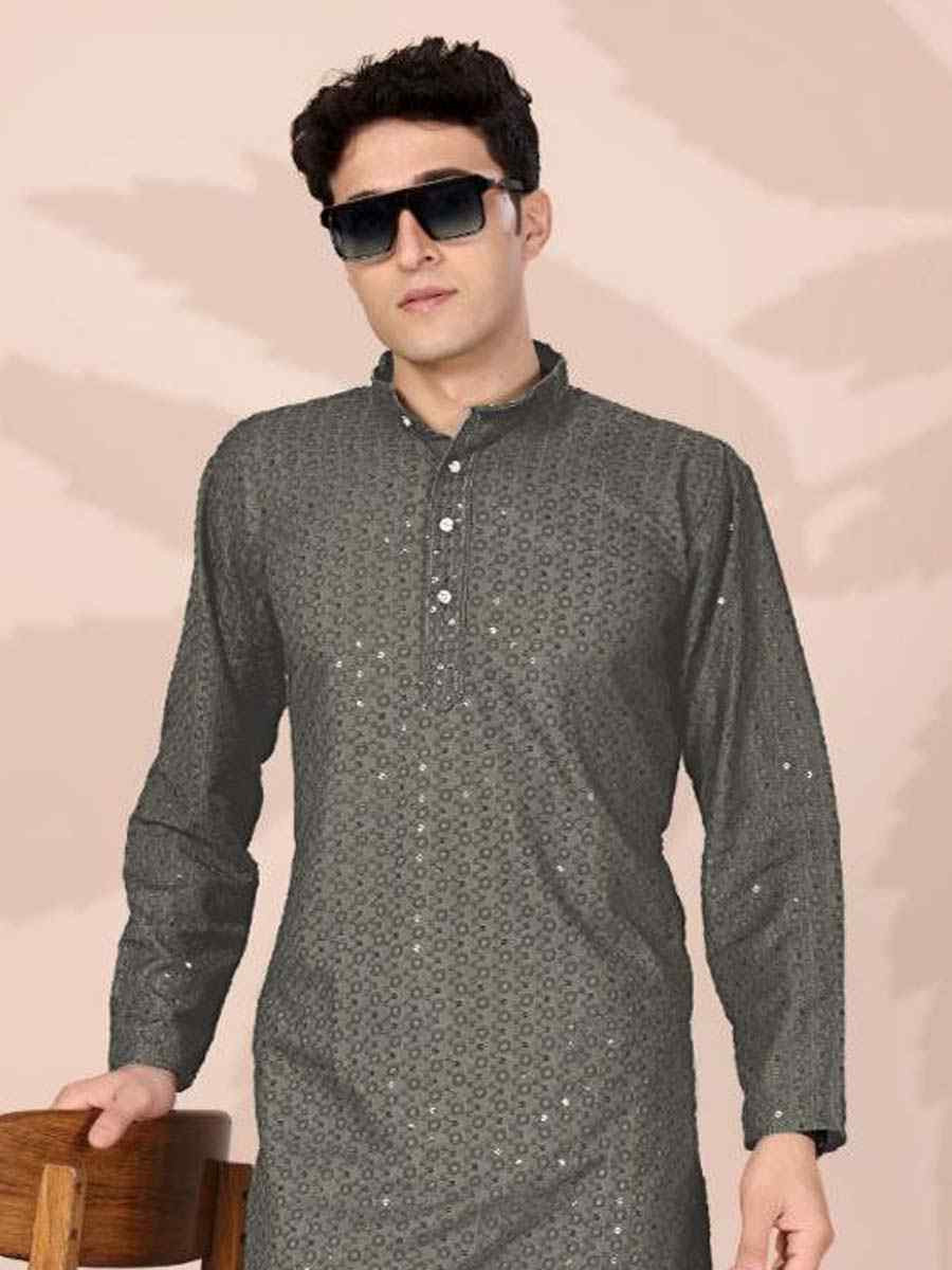 Grey Cotton Embroidery Festival Wedding Party Mens Kurta