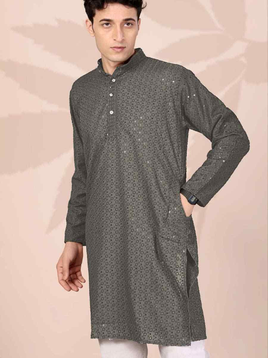 Grey Cotton Embroidery Festival Wedding Party Mens Kurta