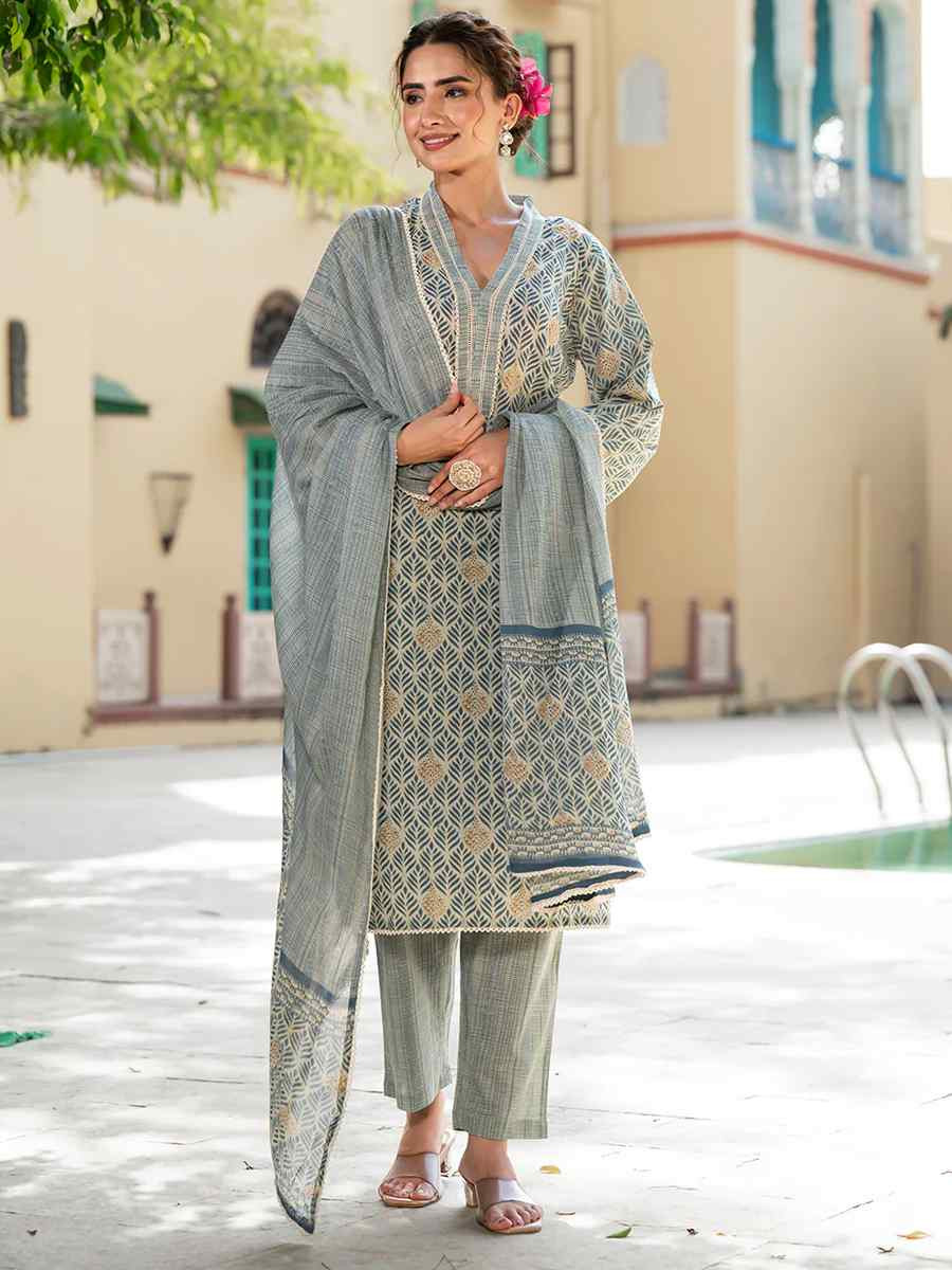 Grey Cotton Embroidery Party Wedding Festival Casual Ready Pant Salwar Kameez
