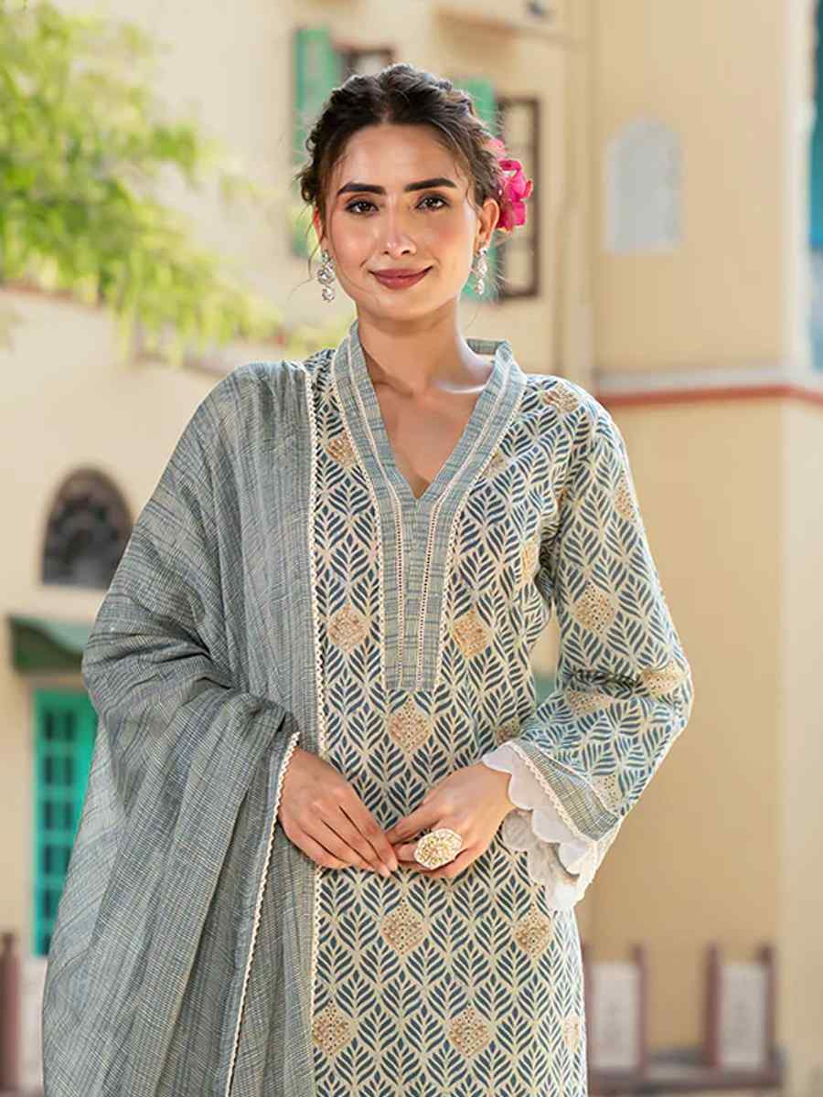 Grey Cotton Embroidery Party Wedding Festival Casual Ready Pant Salwar Kameez