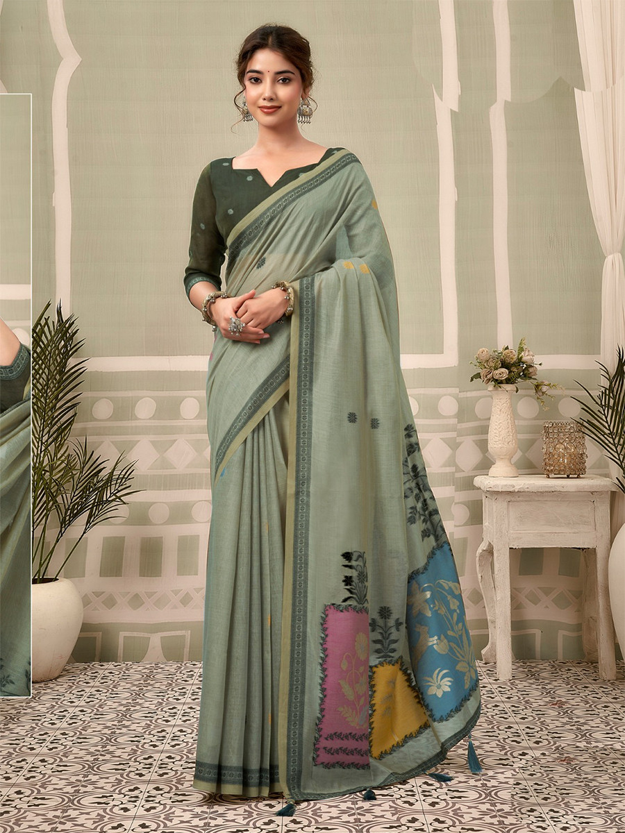 Grey Cotton Hand Block Printed Wedding Reception Party Festival Casual Heavy Border Sarees