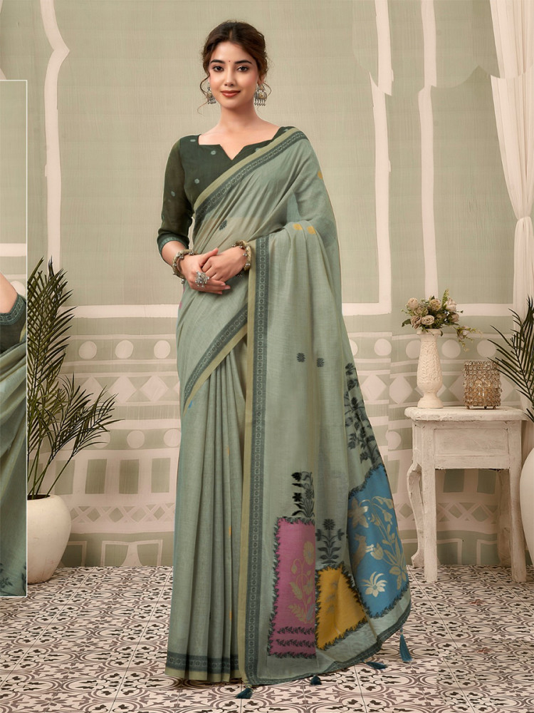 Image of Grey Cotton Hand Block Printed Wedding Reception Party Festival Casual Heavy Border Sarees