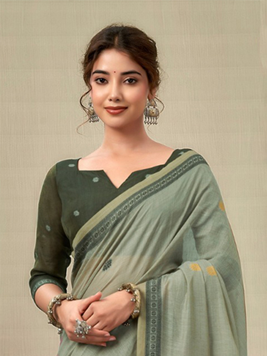 Grey Cotton Hand Block Printed Wedding Reception Party Festival Casual Heavy Border Sarees