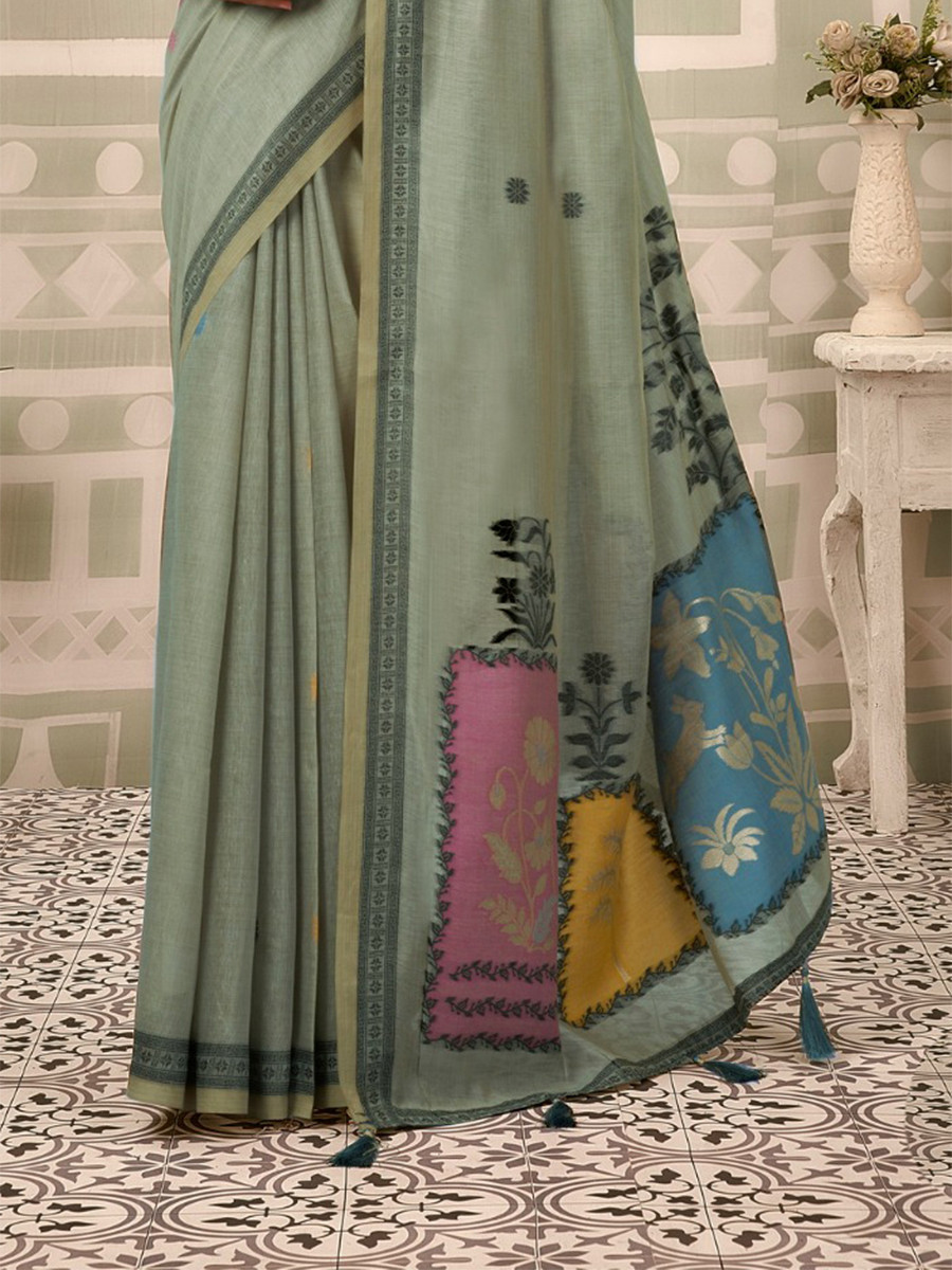 Grey Cotton Hand Block Printed Wedding Reception Party Festival Casual Heavy Border Sarees