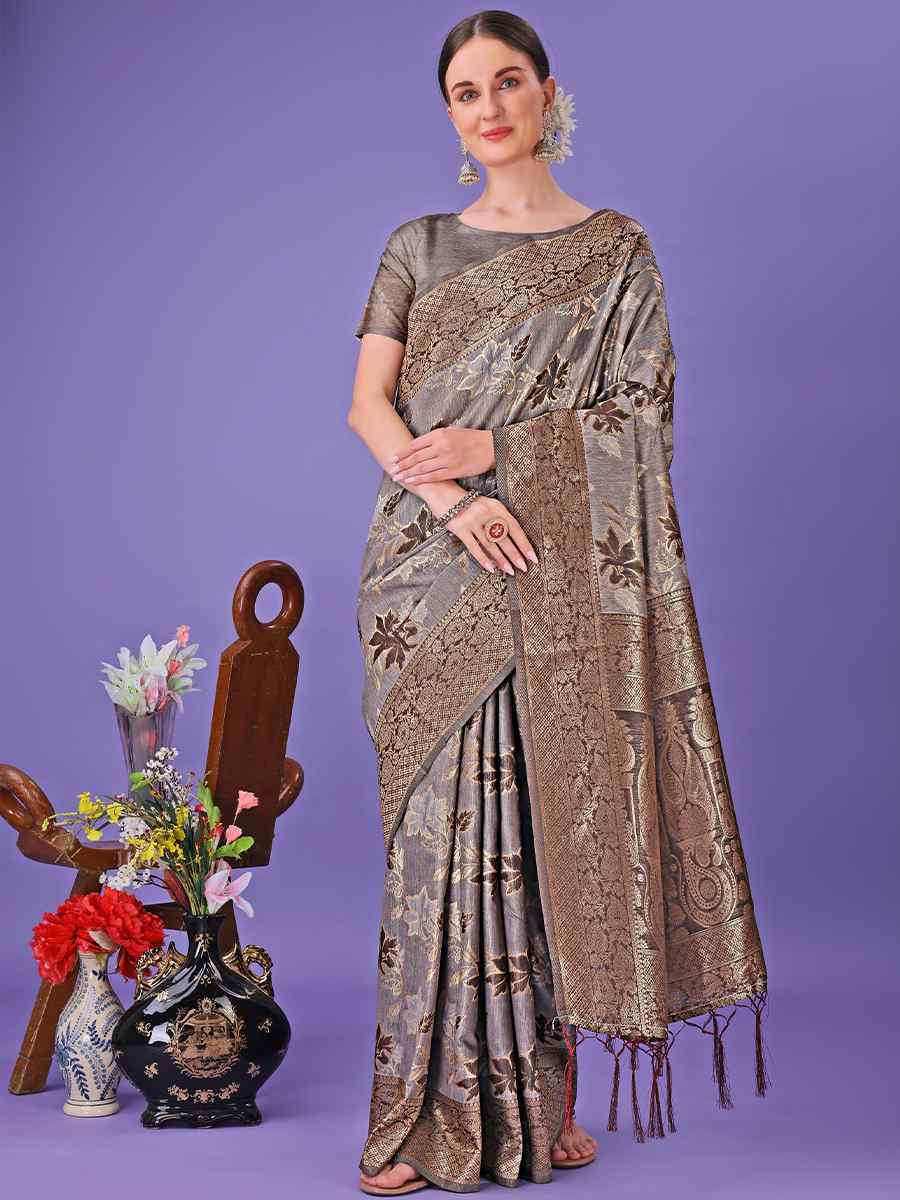 Grey Cotton Handwoven Festival Wedding Fancy Heavy Border Saree